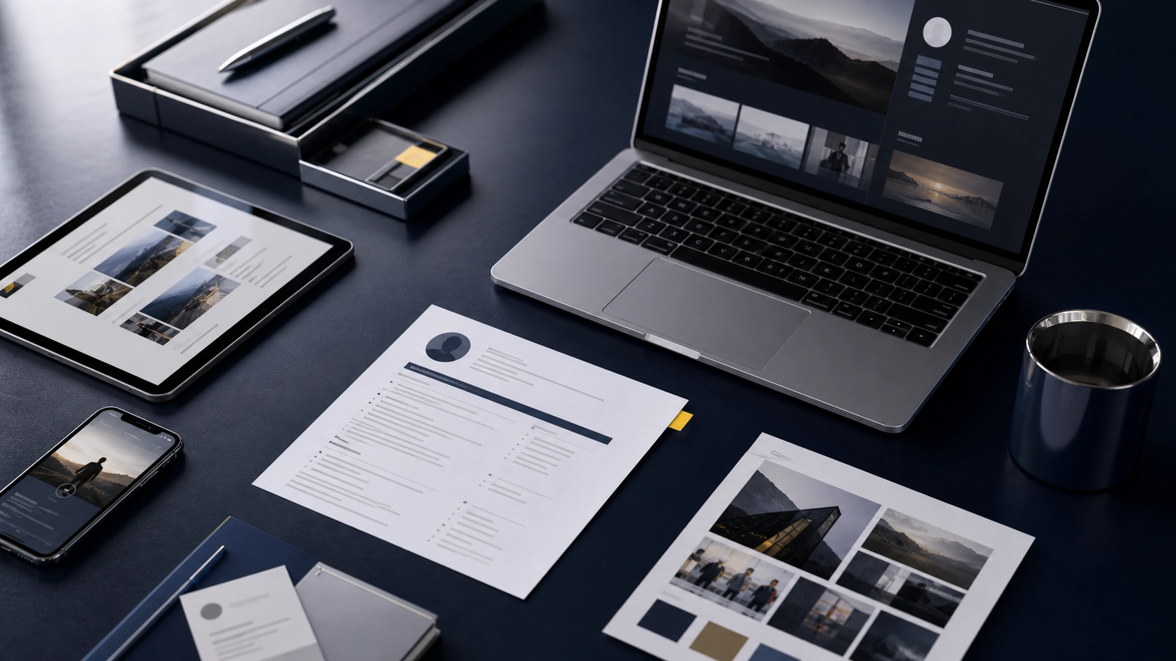 A desk with several ways to present yourself — a laptop and tablet showing profiles, a printed resume, a portfolio page, and a phone