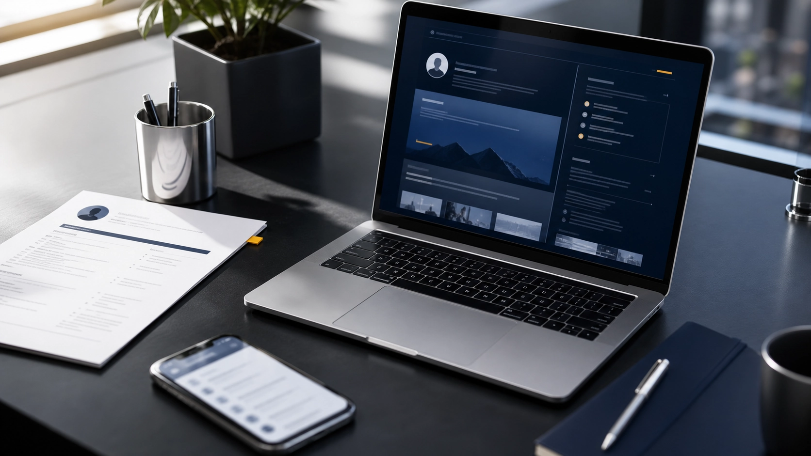 A laptop showing a profile, a printed resume, a notebook and a phone on a desk