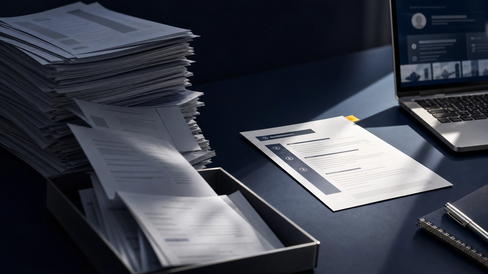 A tall stack of printed resumes on a dark desk beside a single highlighted resume and a laptop showing a candidate profile